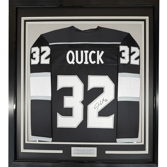 Framed Autographed/Signed Jonathan Quick 35x39 Los Angeles LA Black Hockey Jersey JSA COA