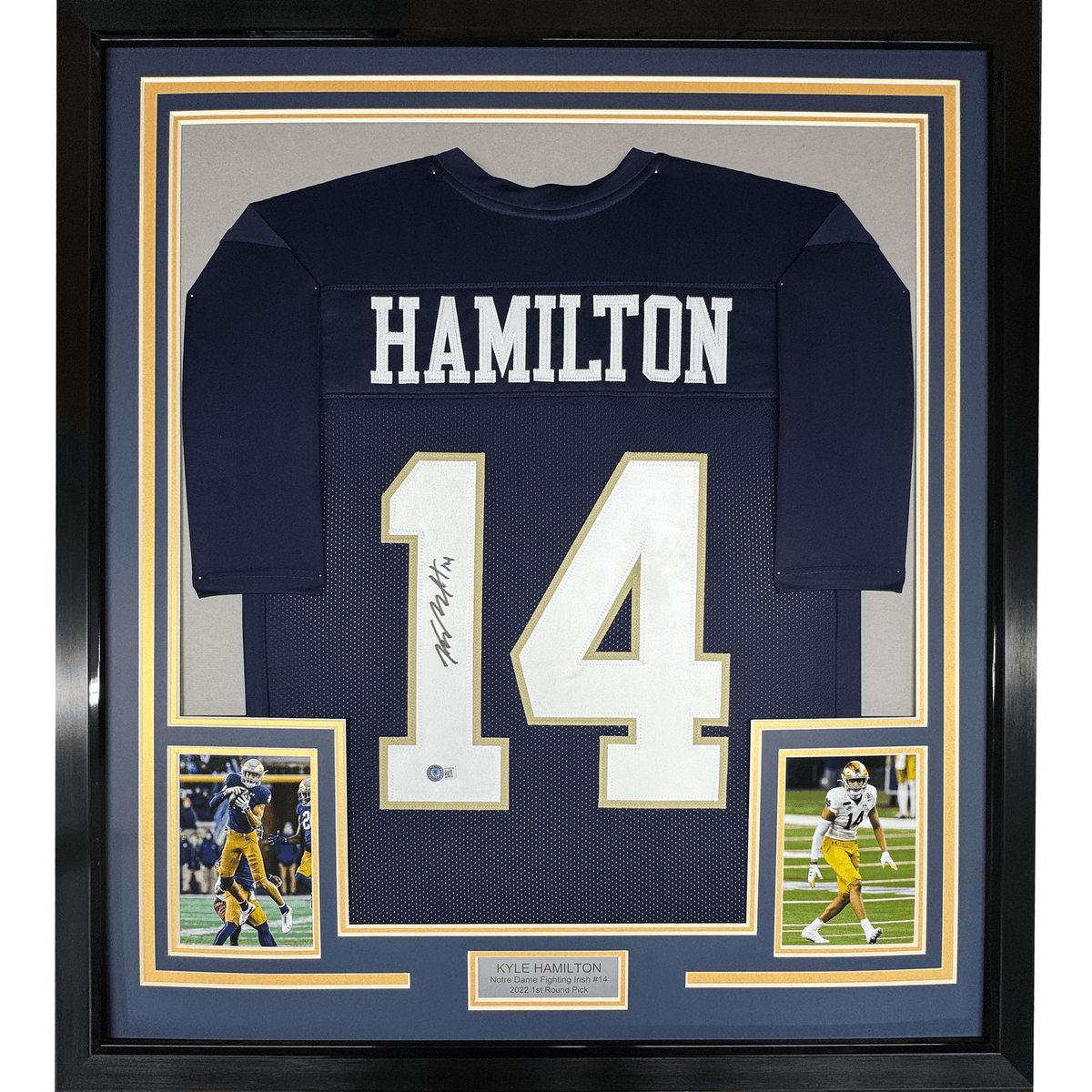 Framed Autographed/Signed Kyle Hamilton 35x39 Notre Dame Blue College Football Jersey Beckett BAS COA