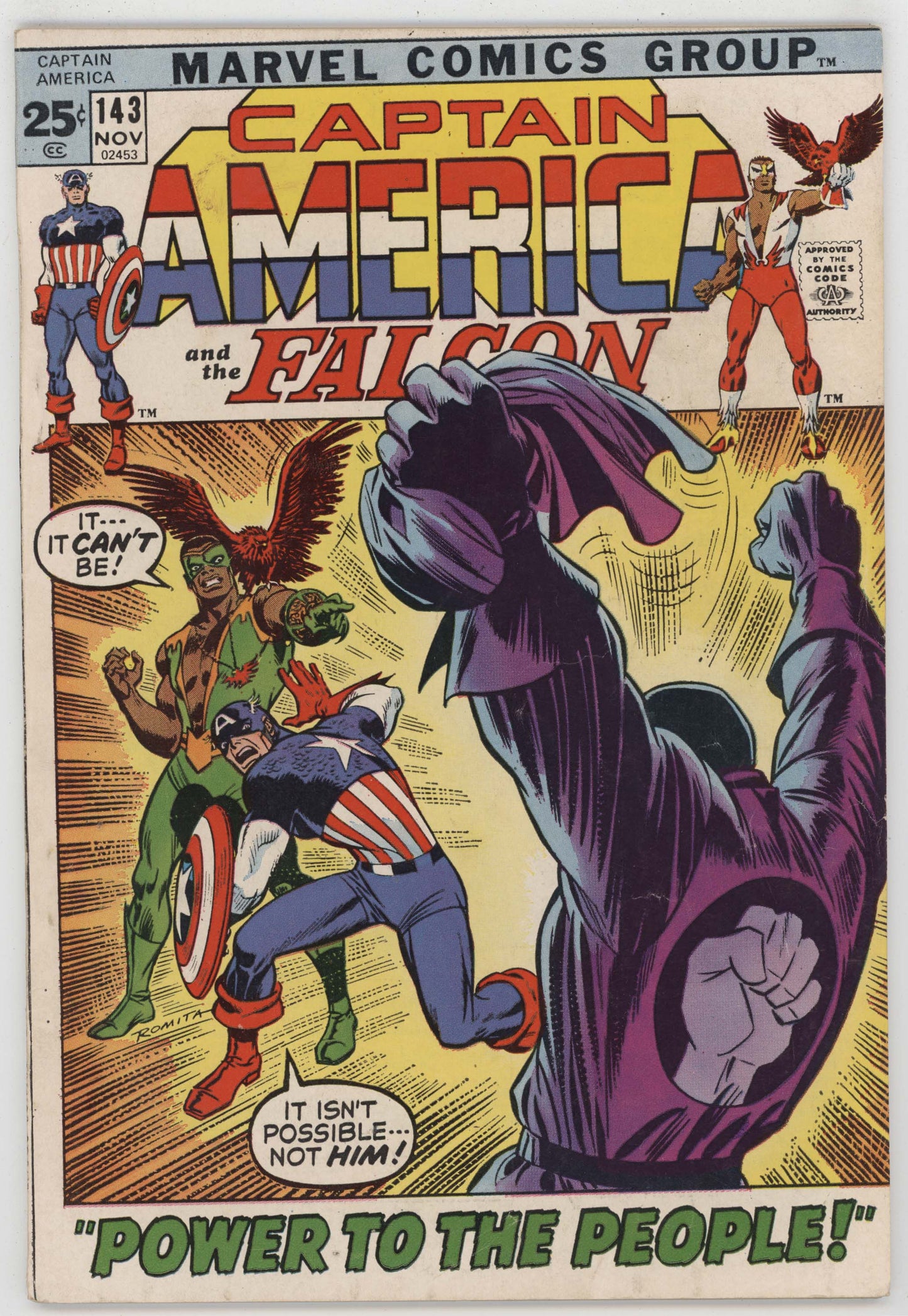 Captain America 143 Marvel 1971 FN Falcon Red Skull Power To The People