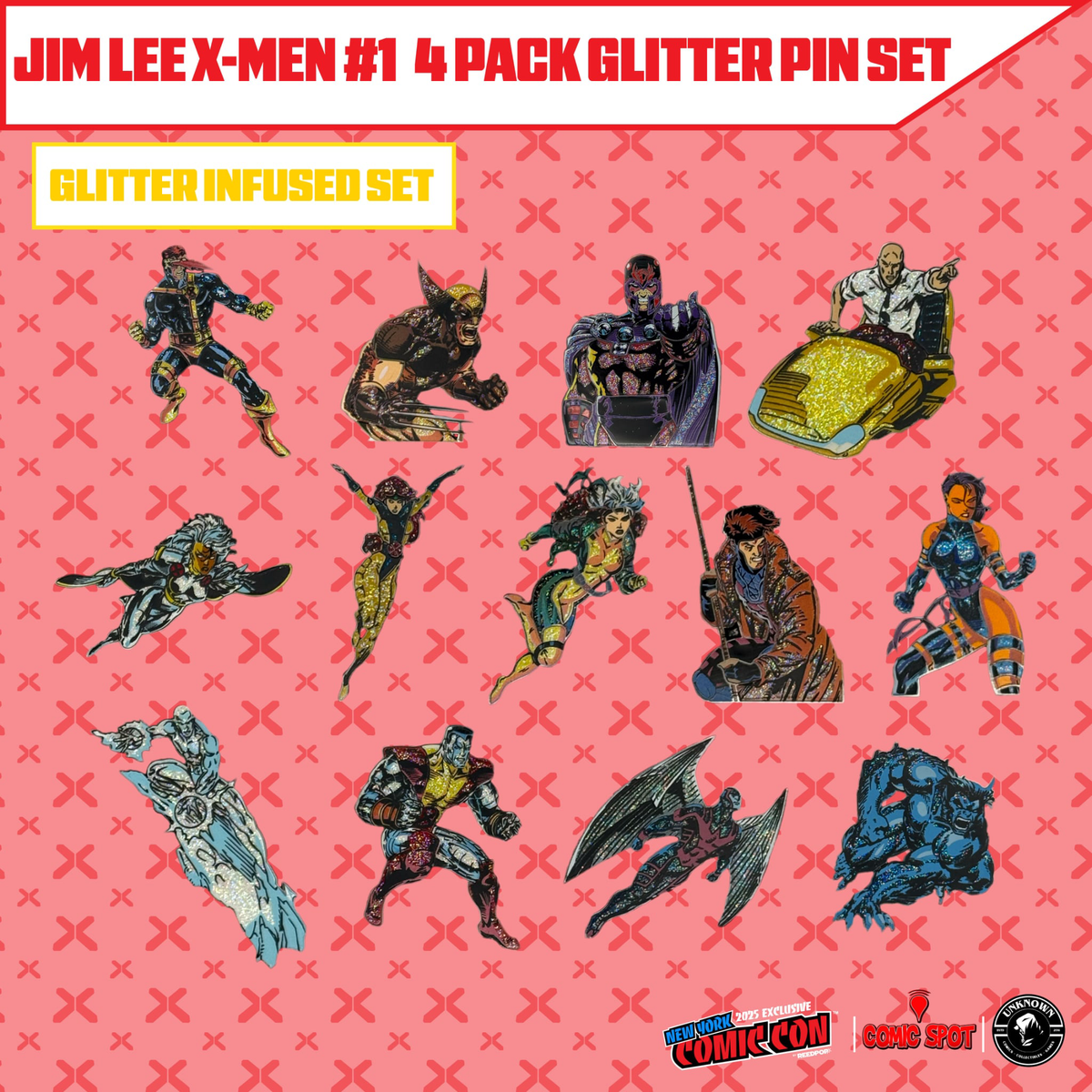 Jim Lee X-Men #1 4 Pack Exclusive Enamel GLITTER ✨ NYCC EXCLUSIVE Pin Set Only 250 Made (10/22/2025) - Golden Apple Comics