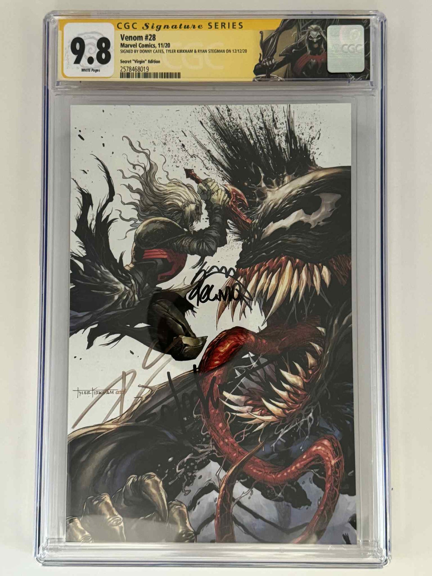 [Triple Signed by Tyler Kirkham | Donny Cates | Ryan Stegman] Venom #28 CGC 9.8 Yellow Label Tyler Kirkham Exclusive Secret Virgin Var