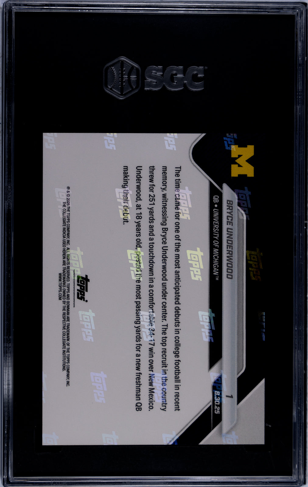 Graded 2025 Topps Bowman U Now Bryce Underwood #1 Generational Recruit Shines in Wolverines Debut Rookie RC Football Card SGC 10 Gem Mint - Golden Apple Comics
