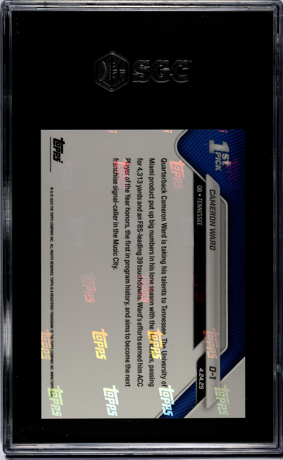 Graded 2025 Topps Now Cam Ward #D1 1st University of Miami QB Drafted Number 1 Since '87 Rookie RC Football Card SGC 10 Gem Mint - Golden Apple Comics