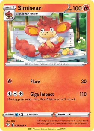 Simisear 027/189 - SWSH03 Darkness Ablaze Reverse Holofoil