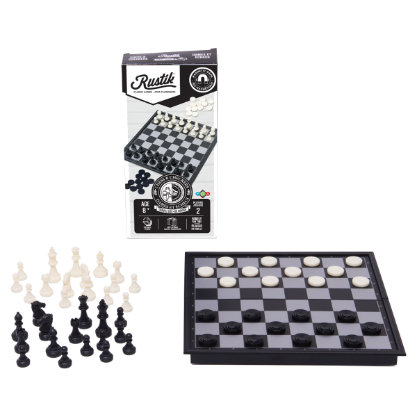 Travel Games: Rustik Foldable Magnetic Checkers/Chess  (Black/White)