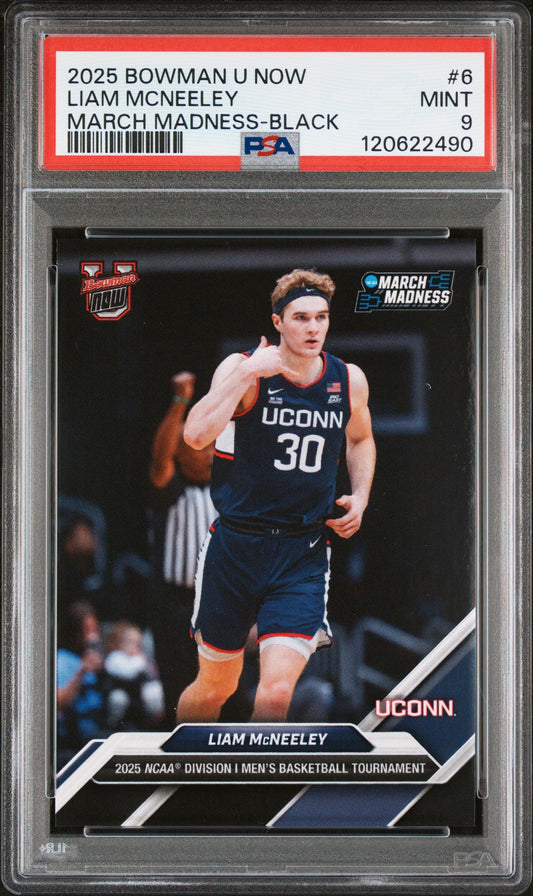 Graded 2025 Topps Bowman U Now Liam McNeeley #6 March Madness Black Rookie RC Basketball Card PSA 9 Mint