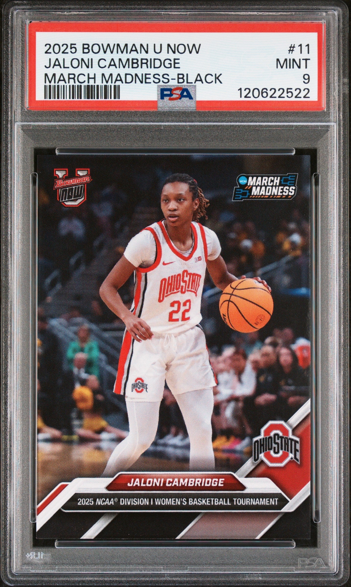 Graded 2025 Topps Bowman U Now Jaloni Cambridge #11 March Madness Black Rookie RC Basketball Card PSA 9 Mint