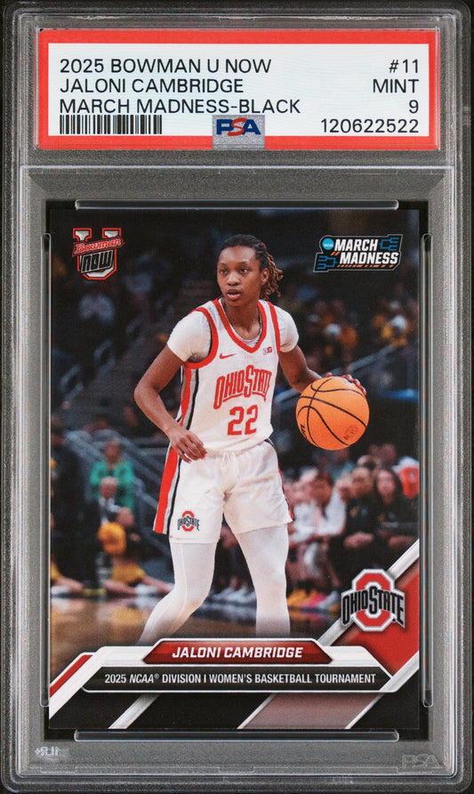 Graded 2025 Topps Bowman U Now Jaloni Cambridge #11 March Madness Black Rookie RC Basketball Card PSA 9 Mint