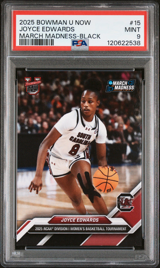 Graded 2025 Topps Bowman U Now Joyce Edwards #15 March Madness Black Rookie RC Basketball Card PSA 9 Mint