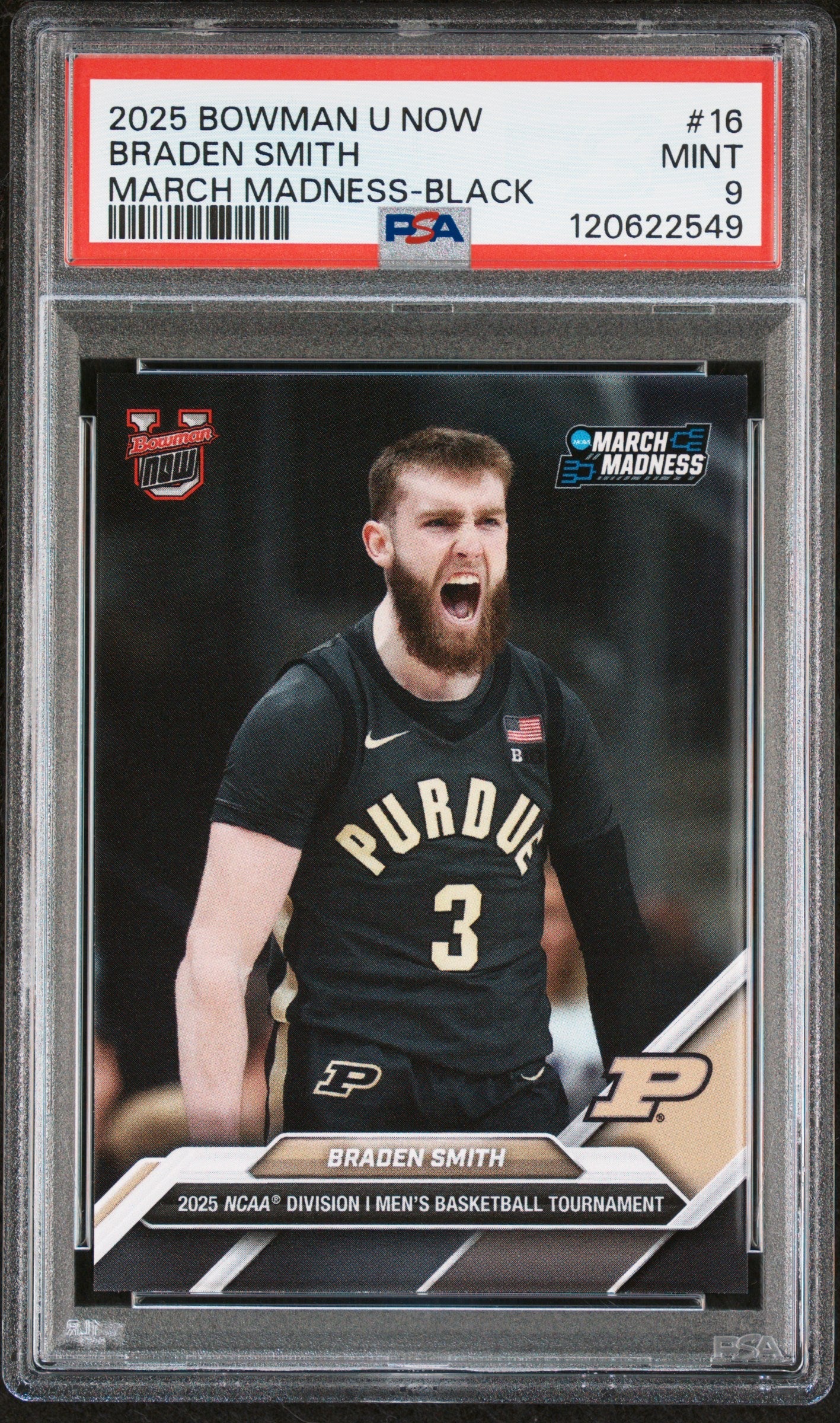 Graded 2025 Topps Bowman U Now Braden Smith #16 March Madness Black Rookie RC Basketball Card PSA 9 Mint