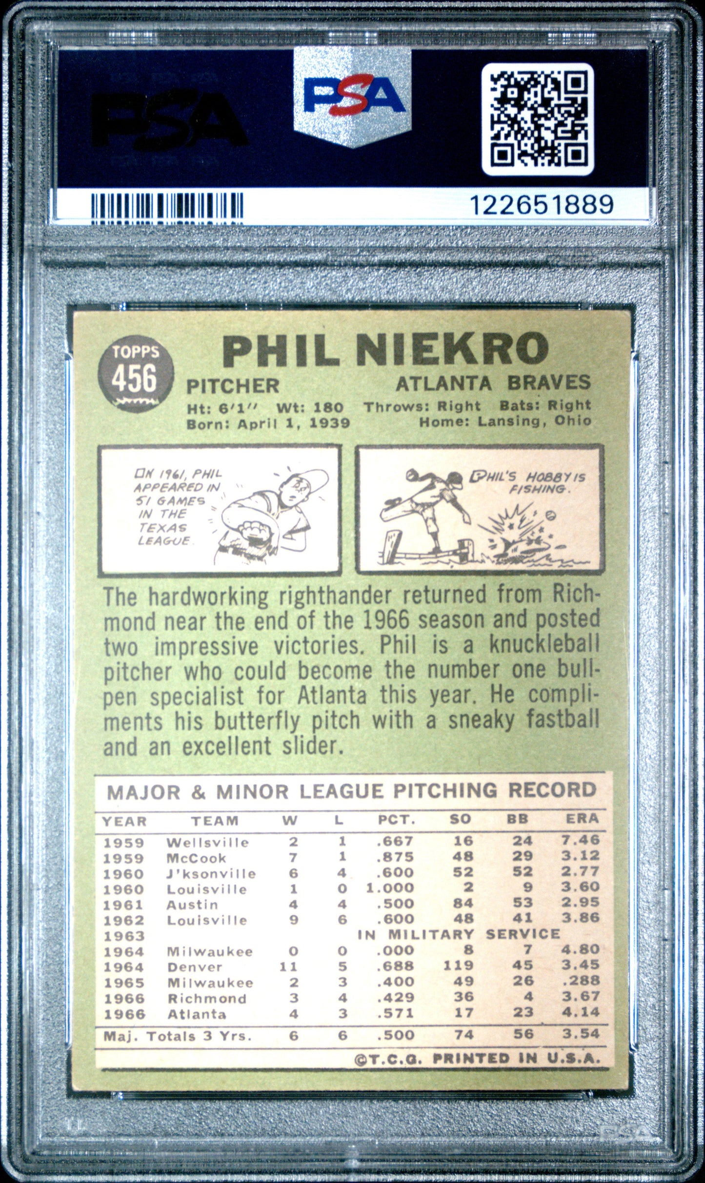 Graded 1967 Topps Phil Niekro #456 Baseball Card PSA 4 Very Good