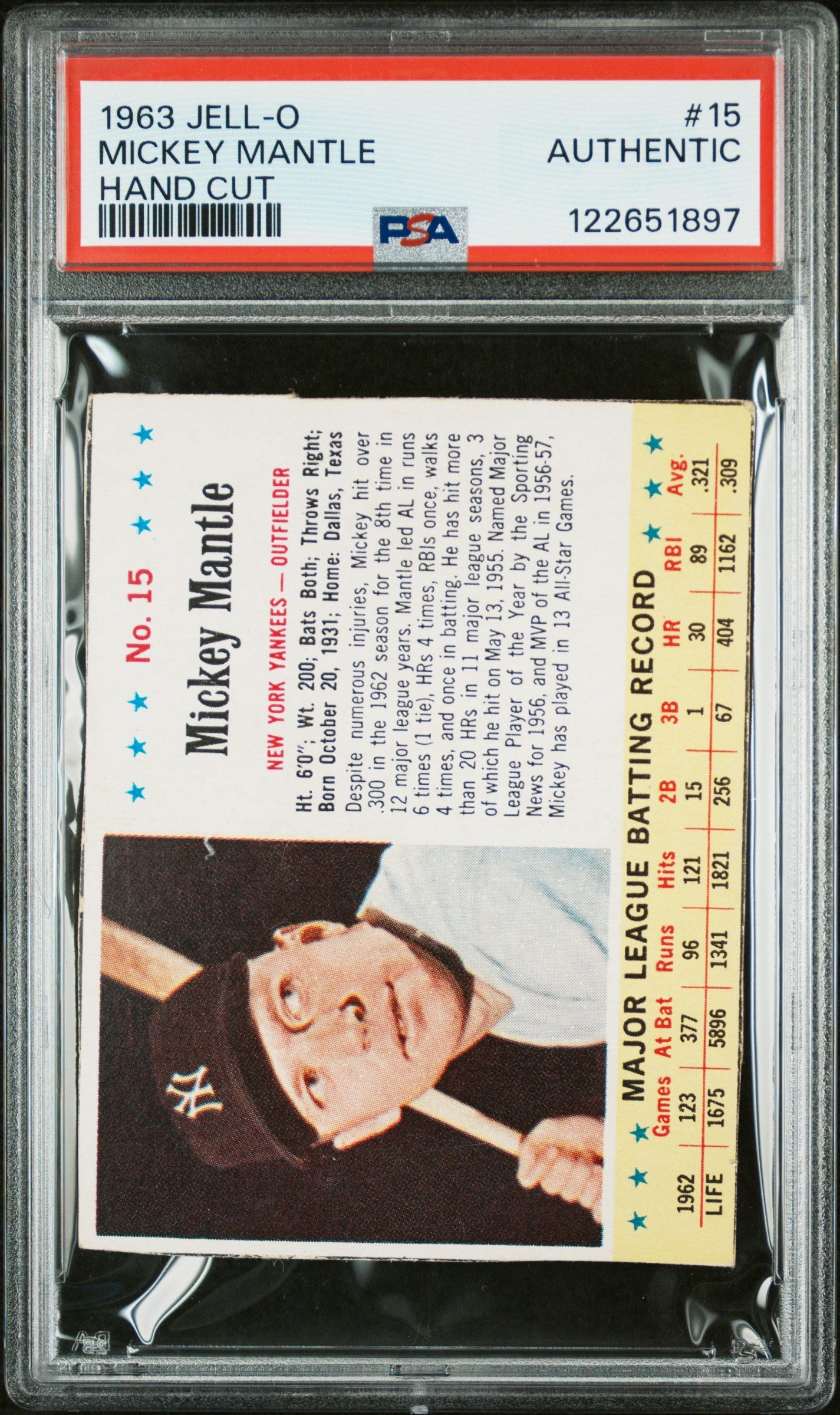 Graded 1963 Jell-O Mickey Mantle #15 Baseball Card PSA Authentic