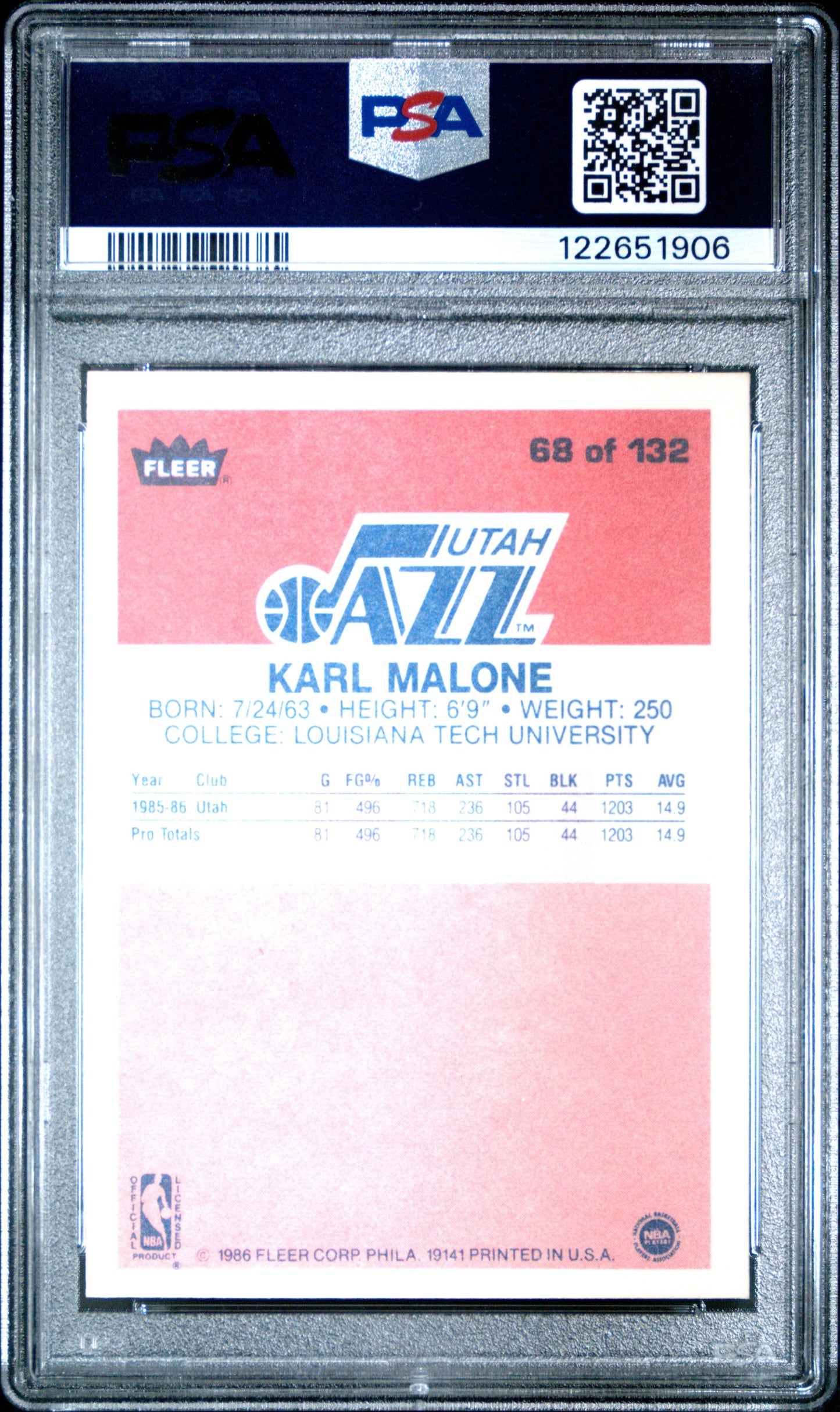 Graded 1986-87 Fleer Karl Malone #68 Rookie RC Basketball Card PSA 7 Near Mint