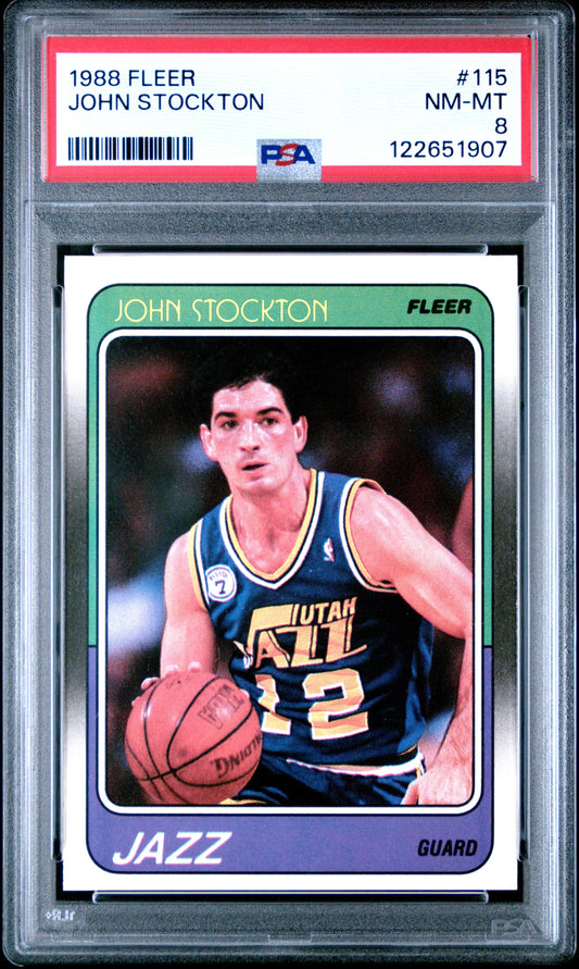 Graded 1988-89 Fleer John Stockton #115 Rookie RC Basketball Card PSA 8 Near Mint