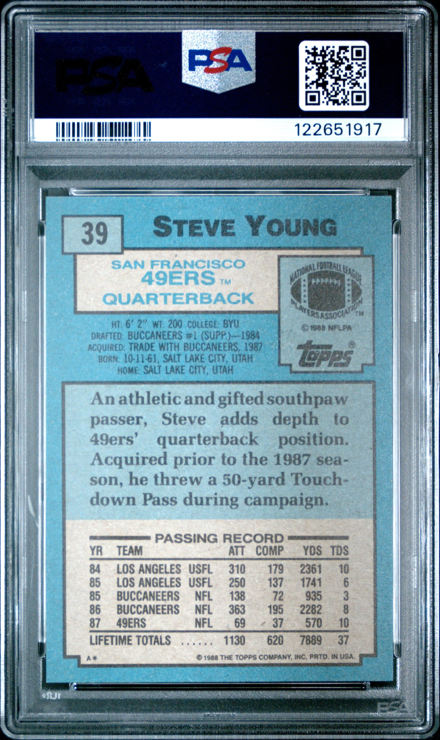 Graded 1988 Topps Steve Young #39 Football Card PSA 9 Mint