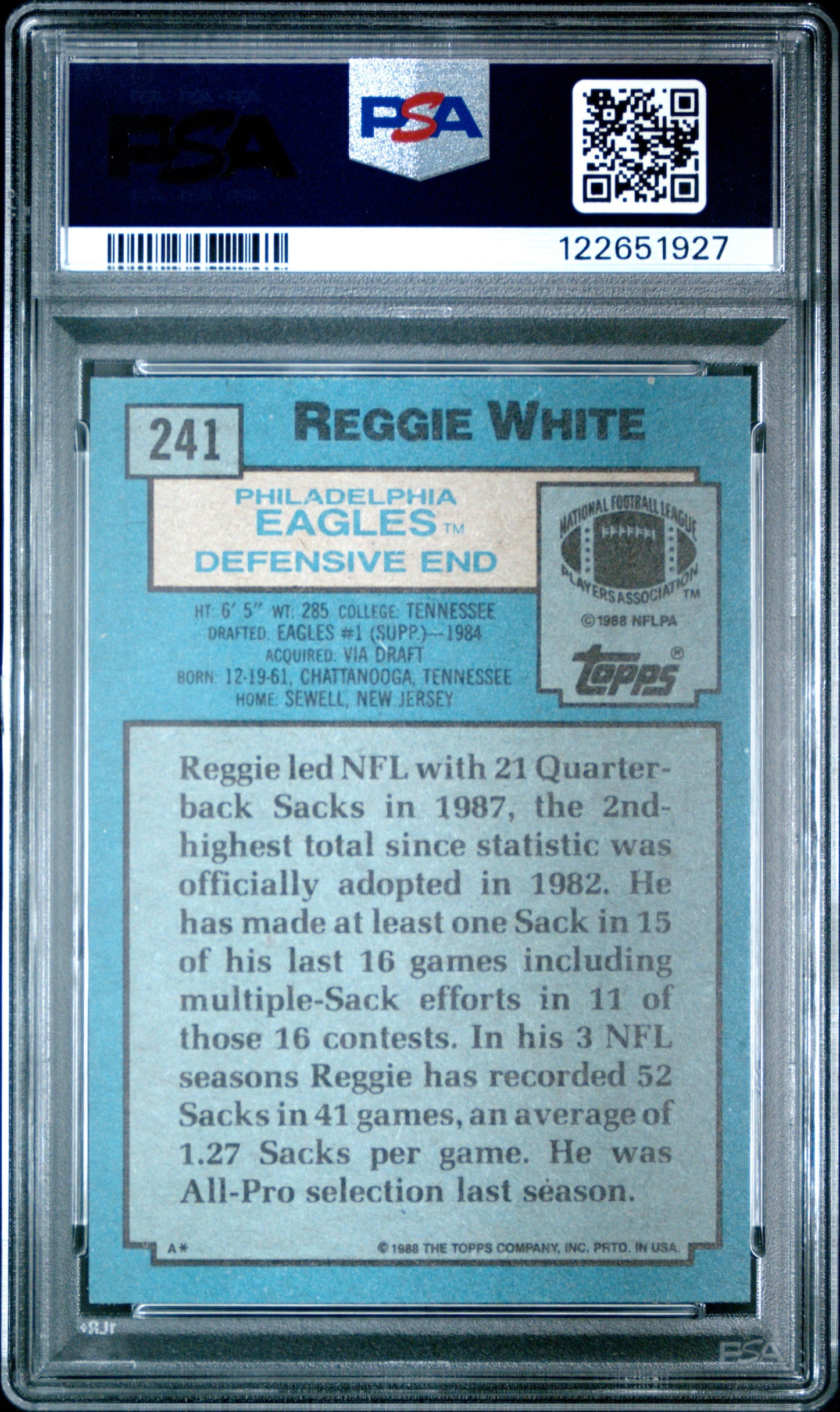 Graded 1988 Topps Reggie White #241 Football Card PSA 7 Near Mint