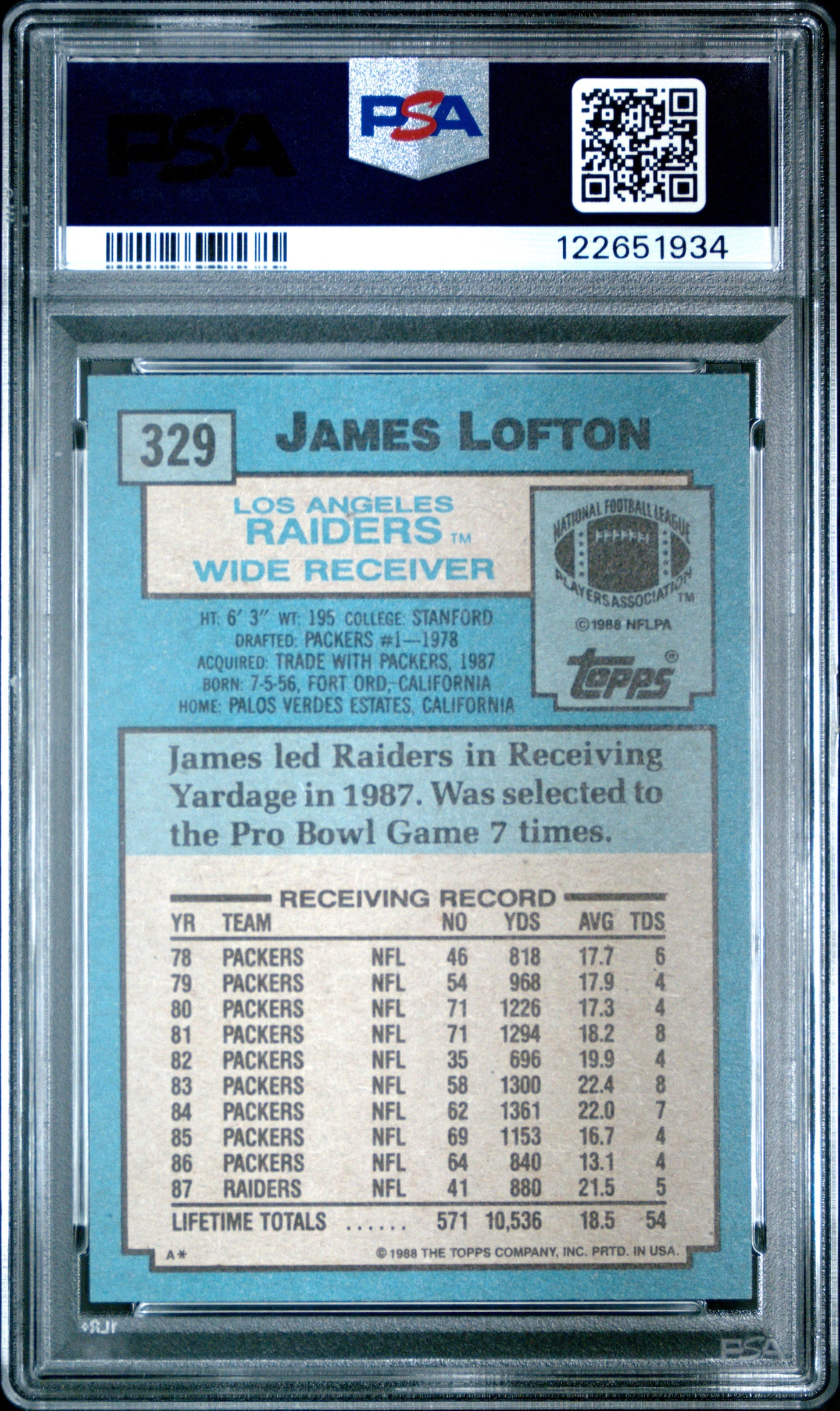 Graded 1988 Topps James Lofton #329 Football Card PSA 8 Near Mint