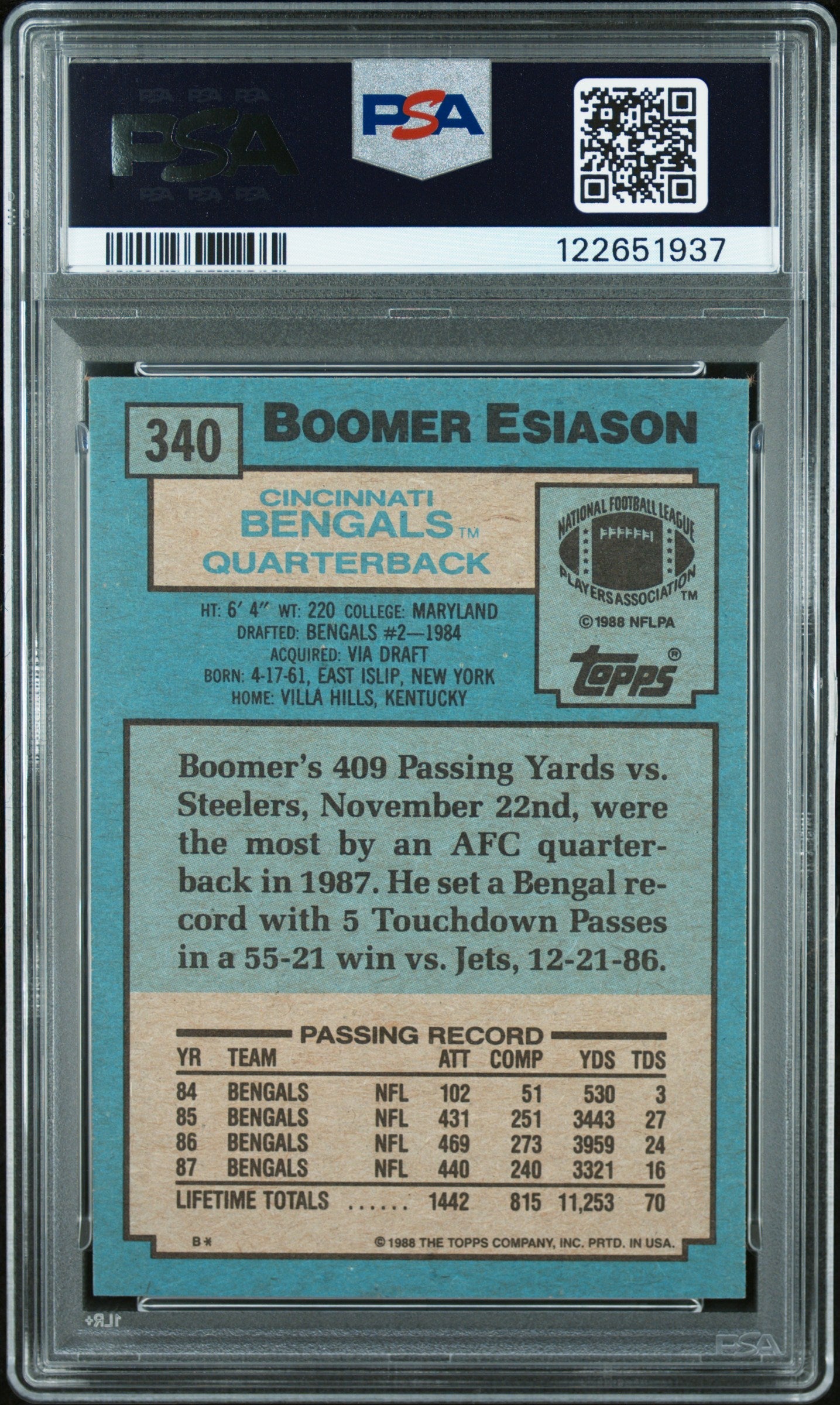 Graded 1988 Topps Boomer Esiason #340 Football Card PSA 8 Near Mint