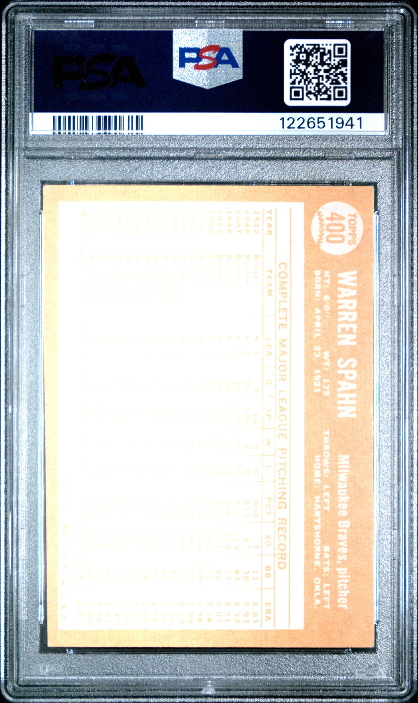 Graded 1964 Topps Warren Spahn #400 Baseball Card PSA 5 Excellent