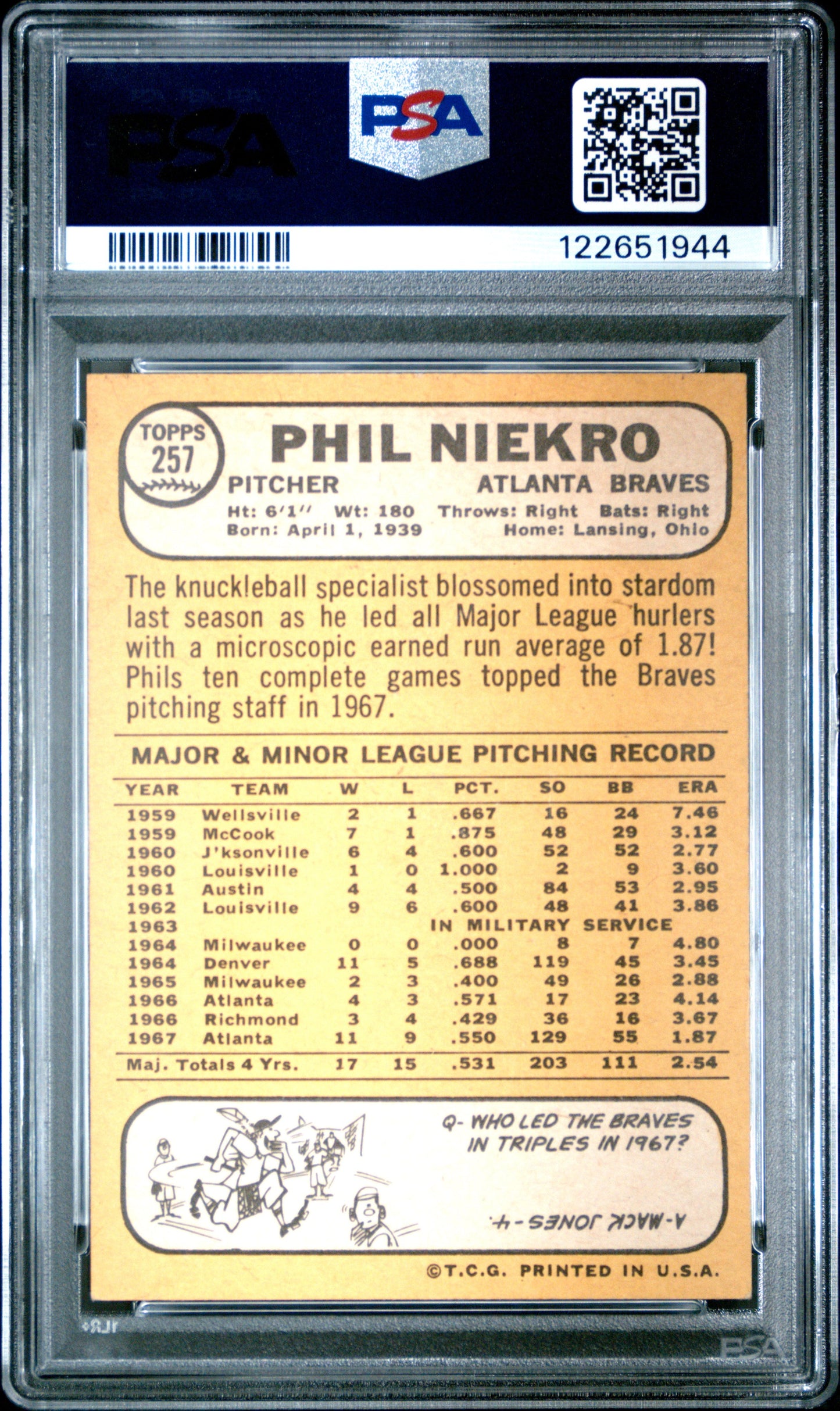 Graded 1968 Topps Phil Niekro #257 Baseball Card PSA 5 Excellent