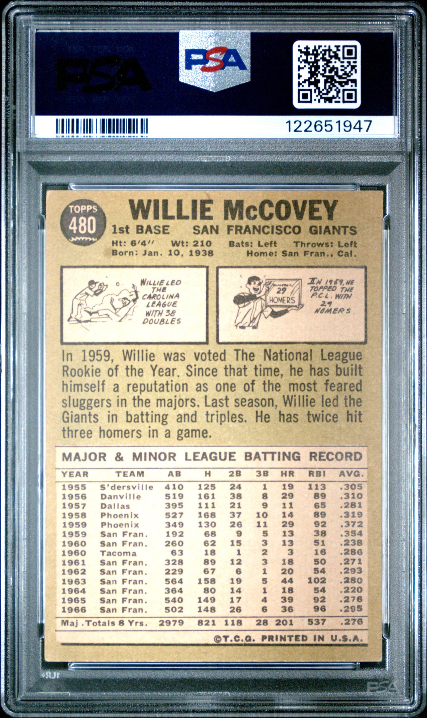Graded 1967 Topps Willie McCovey #480 Baseball Card PSA 3 Very Good