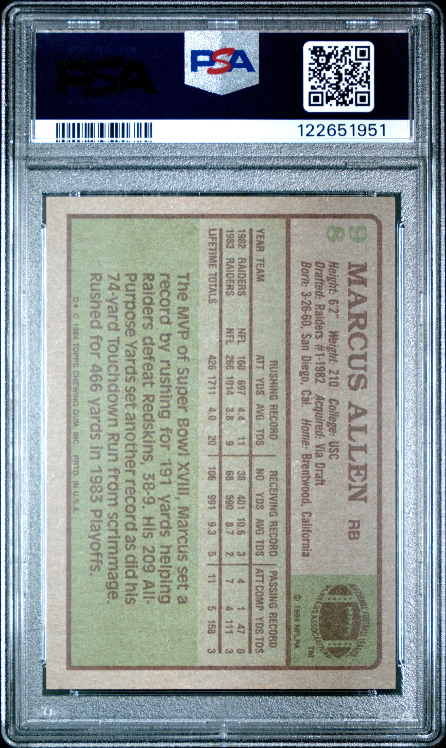 Graded 1984 Topps Marcus Allen #98 Football Card PSA 6 Excellent