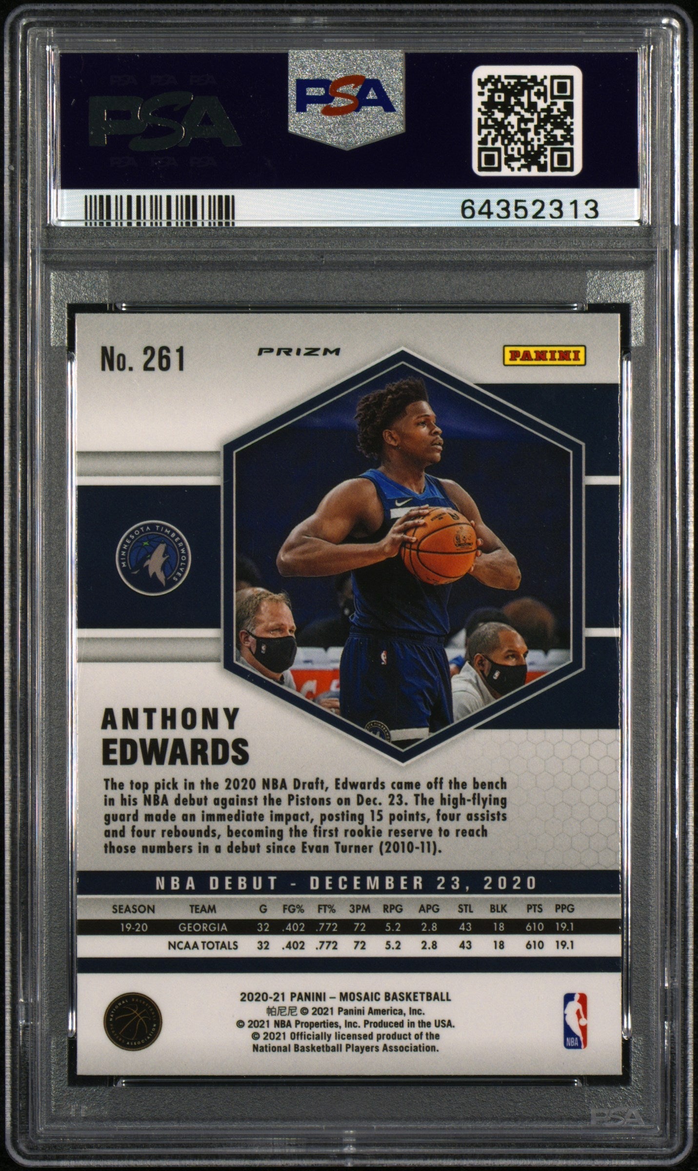 Graded 2020-21 Panini Mosaic Anthony Edwards #261 Green Mosaic Rookie RC Basketball Card PSA 10 Gem Mint