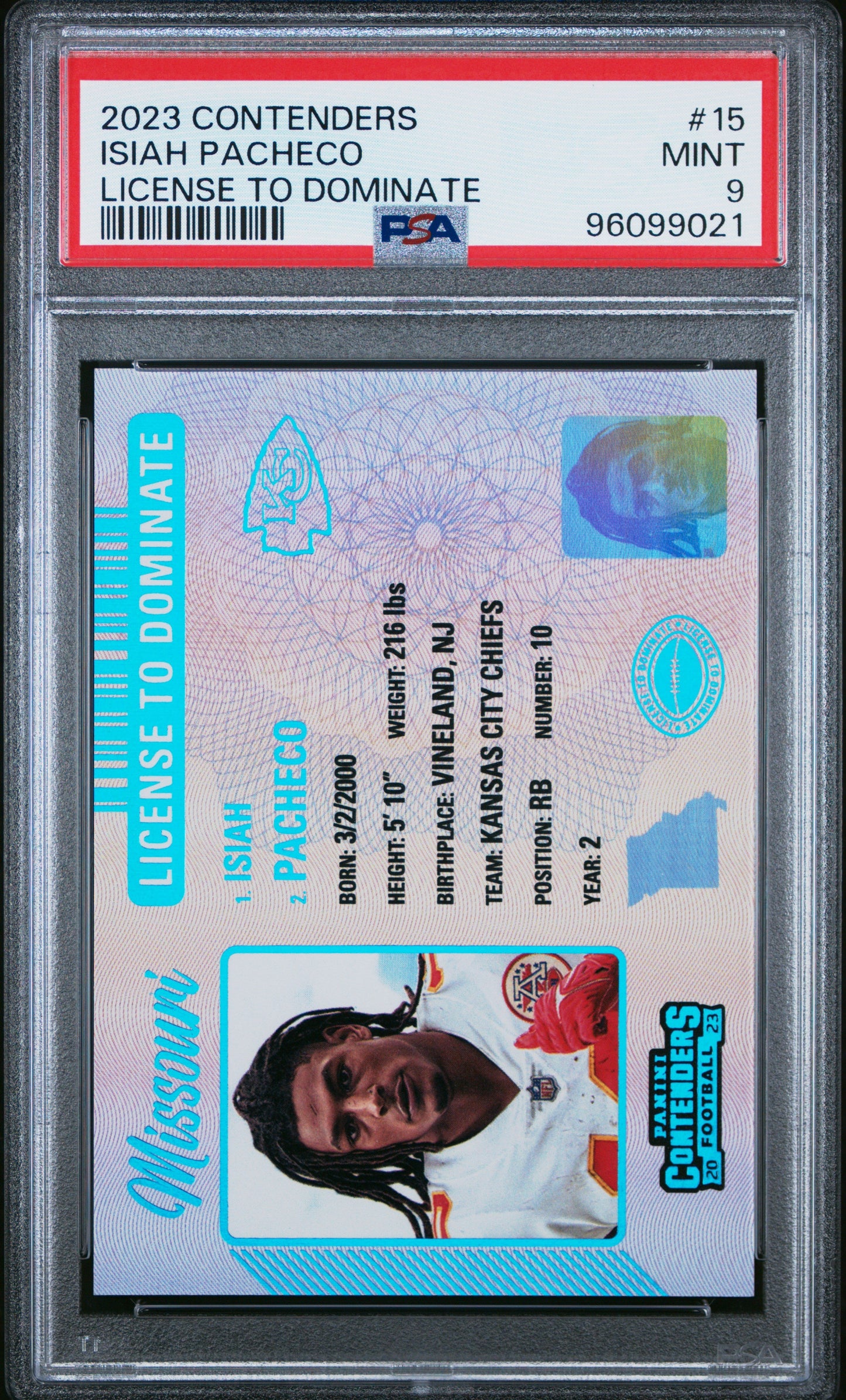 2023 Panini Contenders License To Dominate Isiah Pacheco 9 PSA #15