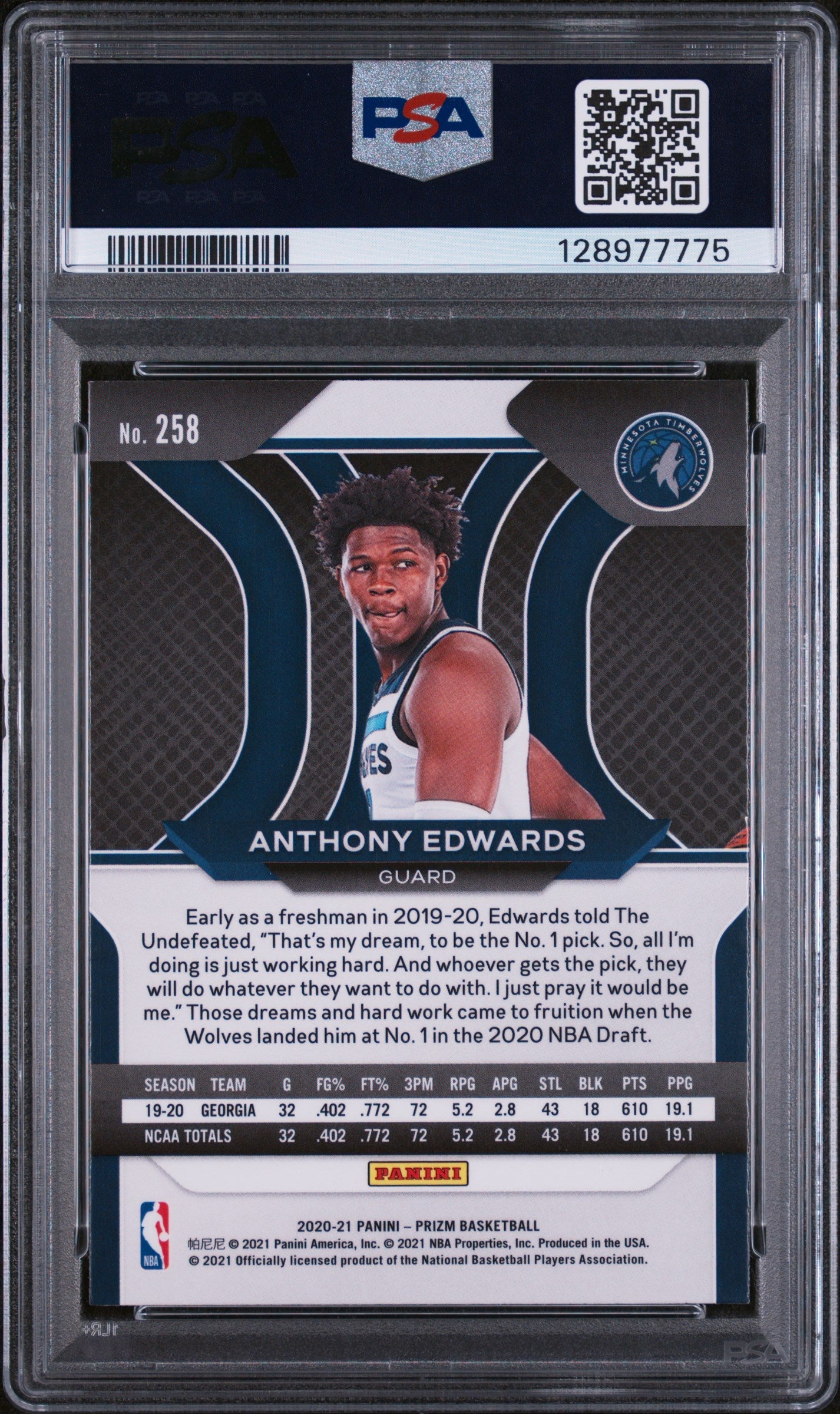 2020 Panini Prizm Anthony Edwards 9 PSA #258