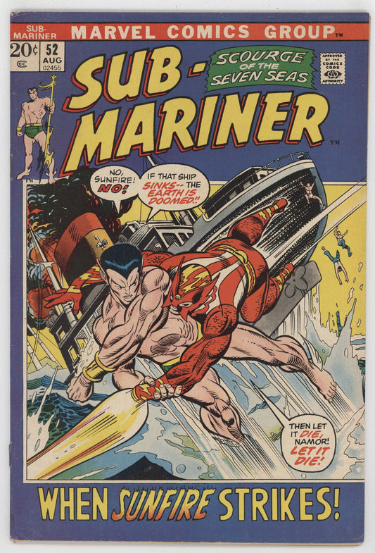 Sub-Mariner 52 Marvel 1972 VG FN Gil Kane Bill Everett Namor Sunfire