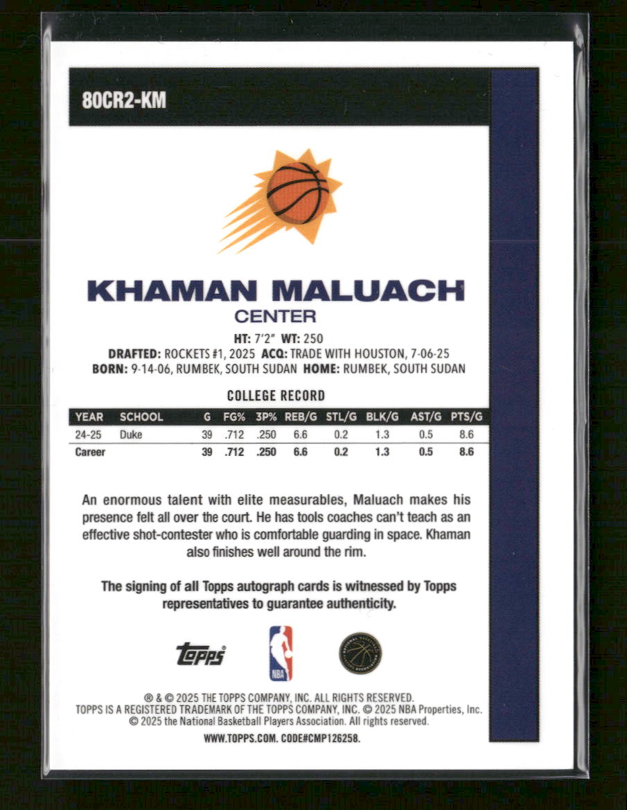 2025-26 Topps Chrome Basketball Rookie Autographs Khaman Maluach #80CR2-KM