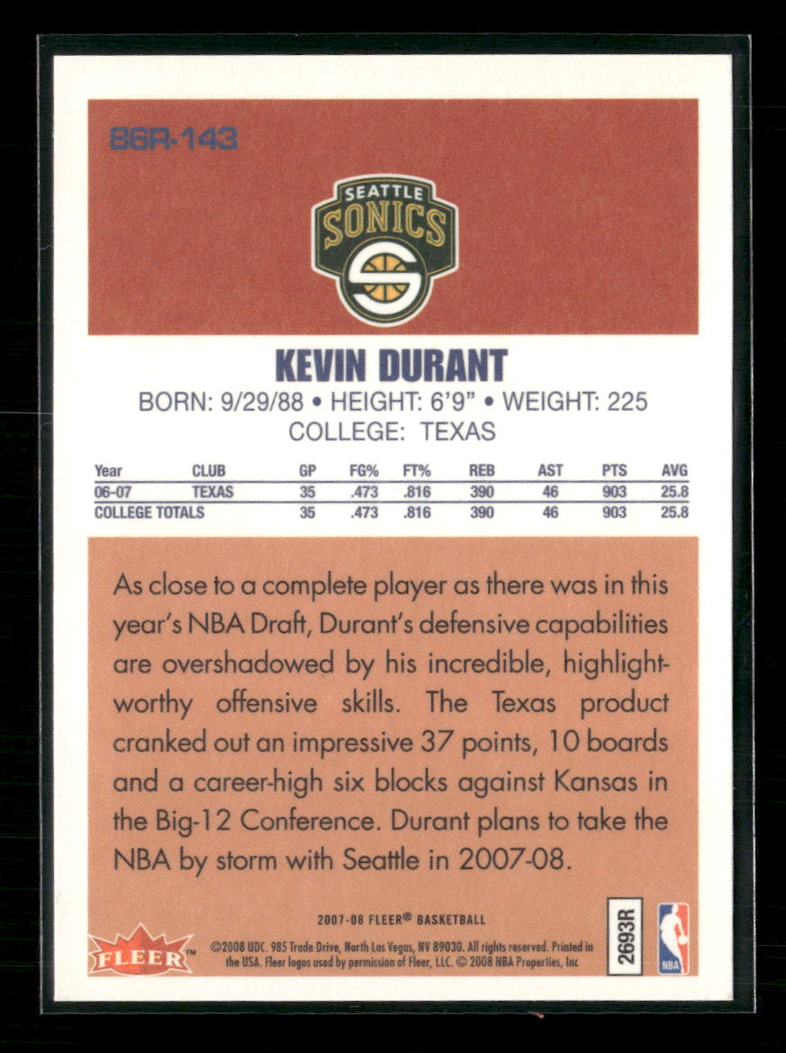2007-08 Fleer 86-87 Retro Rookies Kevin Durant #86R-143