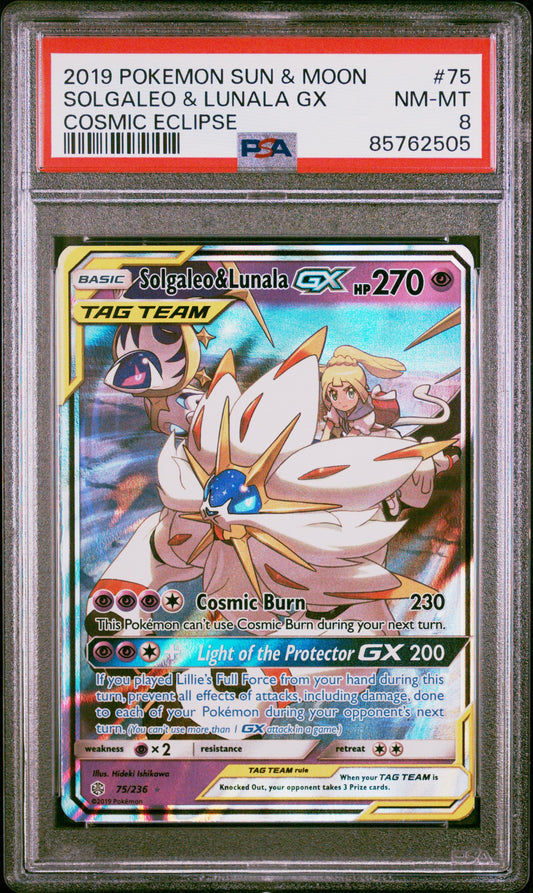 2019 Pokemon Sun & Moon Cosmic Eclipse Solgaleo & Lunala Gx 8 PSA #75