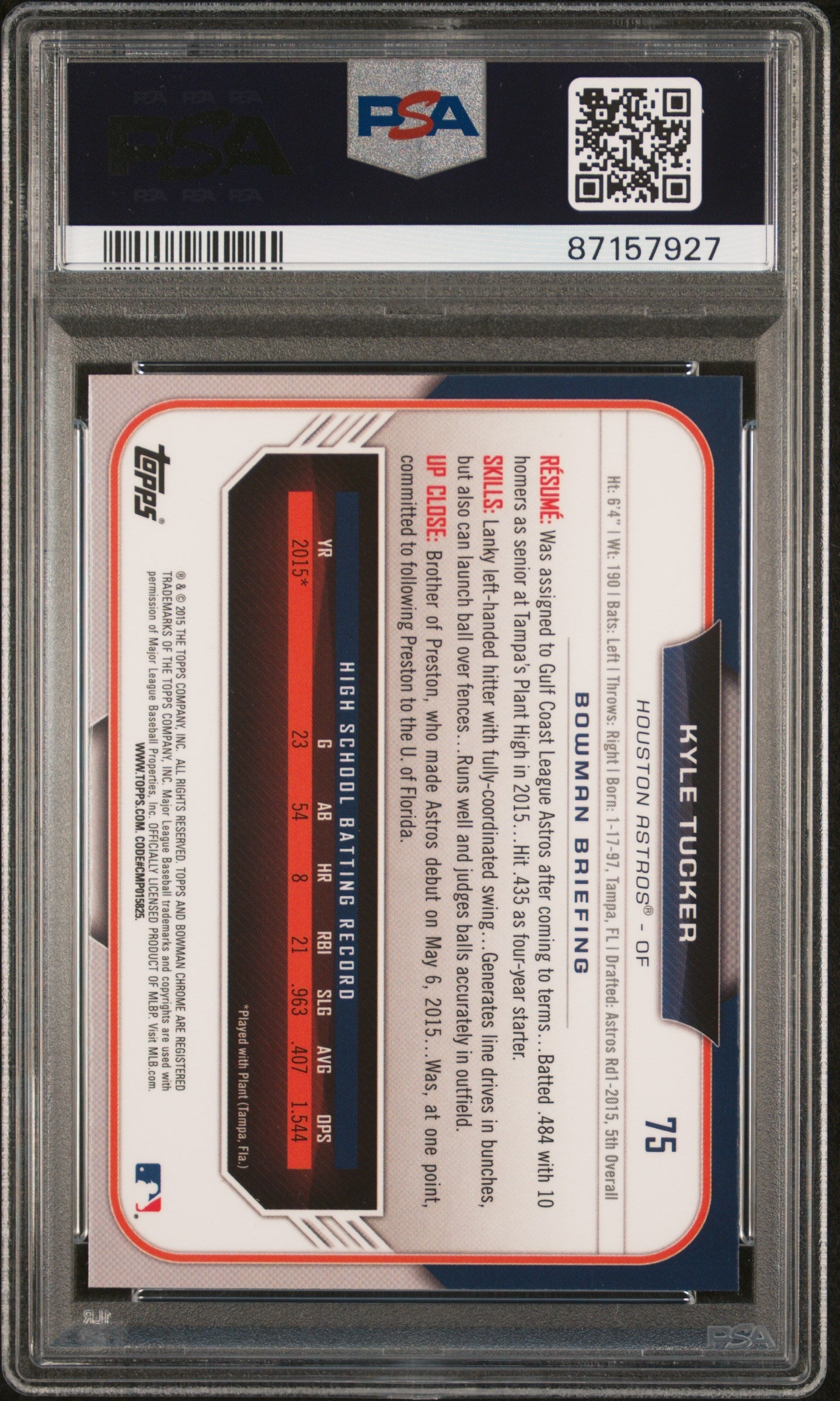 Graded 2015 Topps Bowman Draft Kyle Tucker #75 Chrome Rookie RC Baseball Card PSA 10 Gem Mint