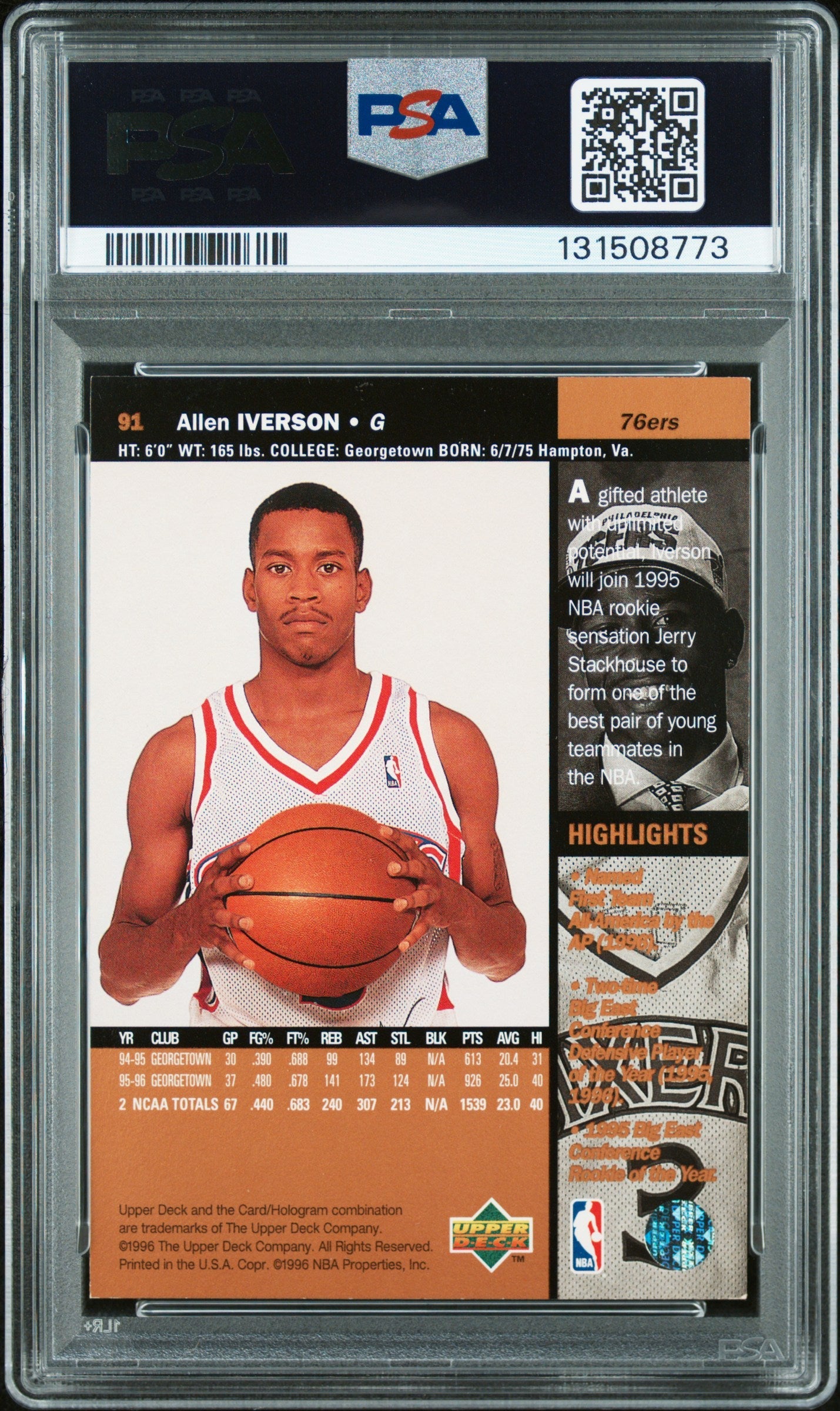 Graded 1996-97 Upper Deck Allen Iverson #91 Rookie RC Basketball Card