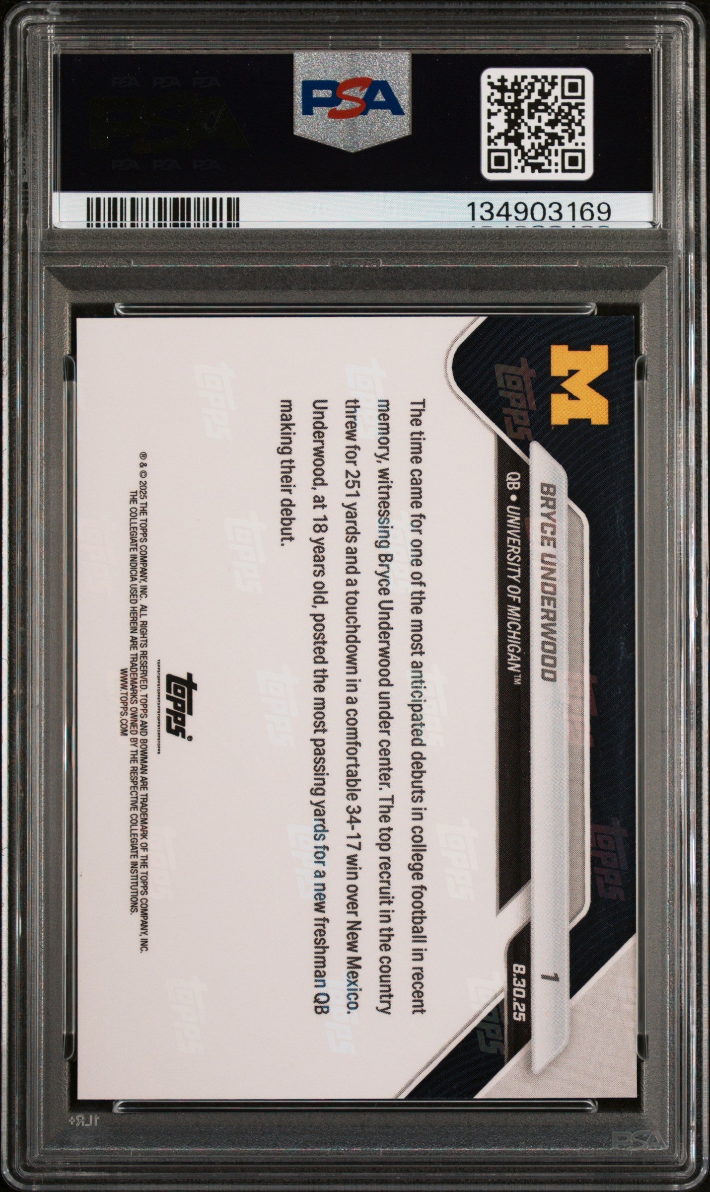Graded 2025 Topps Bowman U Now Bryce Underwood #1 Rookie RC Football Card PSA 10 Gem Mint - Golden Apple Comics
