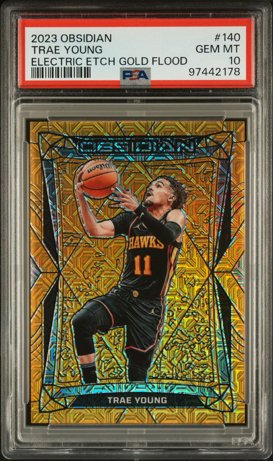 2023 Panini Obsidian Electric Etch Gold Flood Trae Young 10 PSA #140