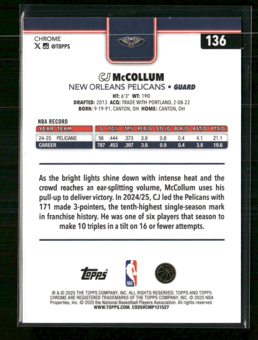 2025-26 Topps Chrome Orange Refractor CJ McCollum #/25 #136 - Golden Apple Comics