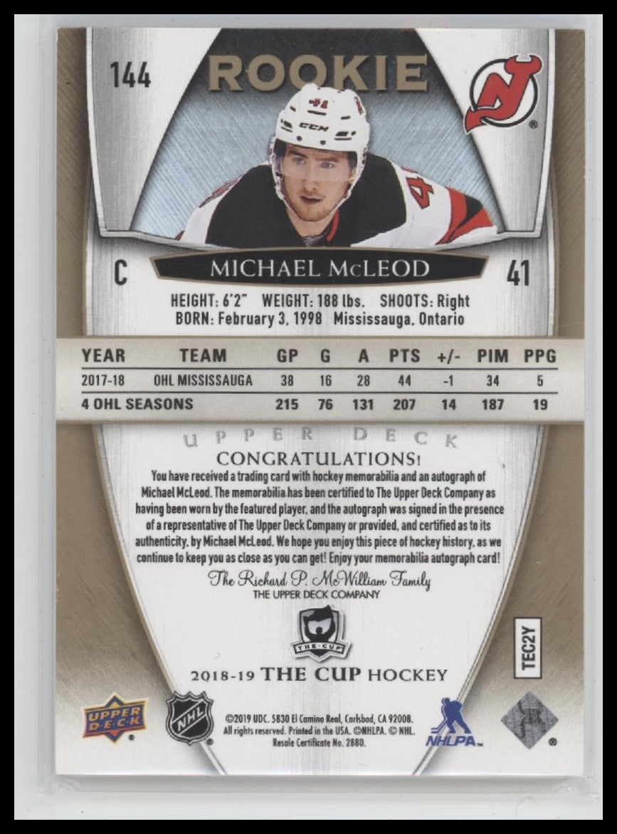 2018-19 Upper Deck The Cup Gold Foil Michael McLeod #/24 Auto #144