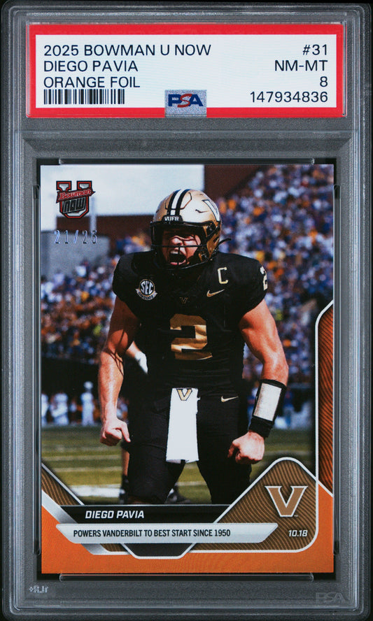 Graded 2025 Topps Bowman U Now Diego Pavia #31 Orange Foil /25 Rookie RC Football Card PSA 8 Near Mint