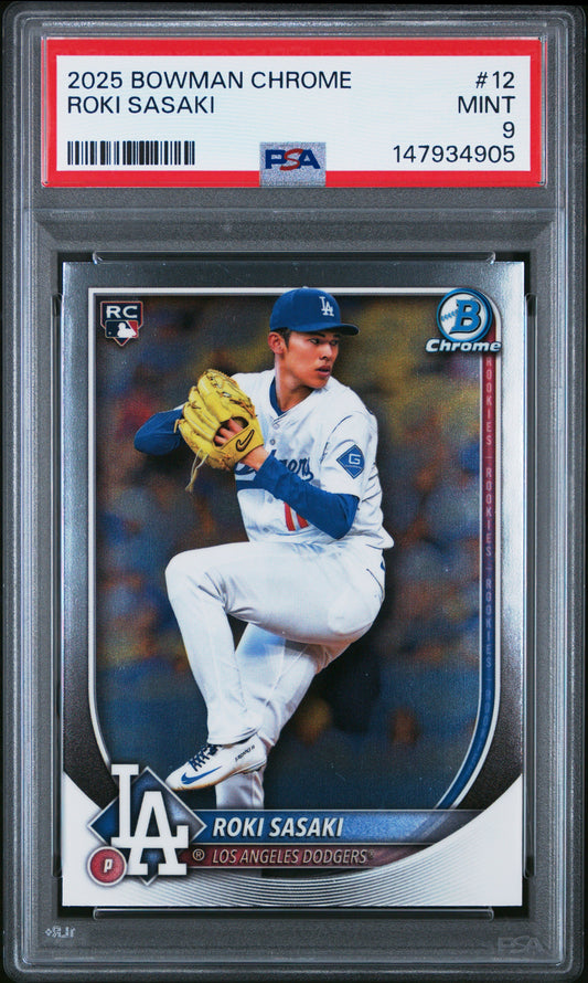 Graded 2025 Topps Bowman Chrome Roki Sasaki #12 Rookie RC Baseball Card PSA 9 Mint
