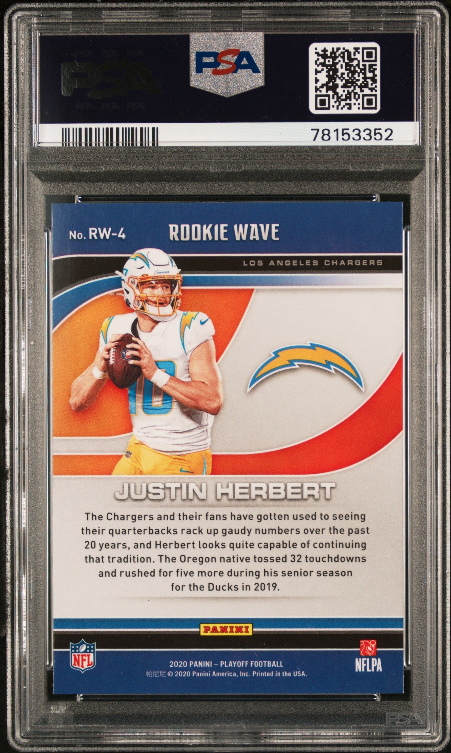 Graded 2020 Panini Playoff Justin Herbert #RW4 Rookie Wave Rookie RC Football Card PSA 10 Gem Mint
