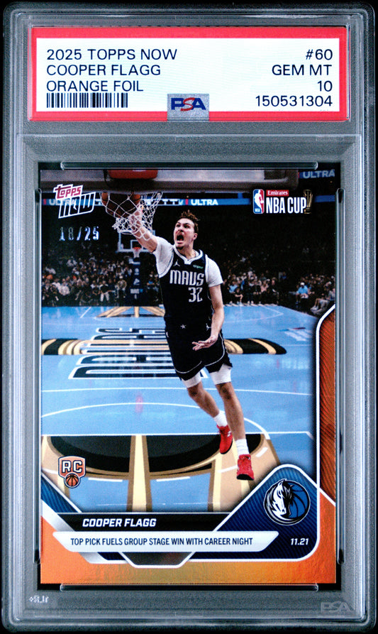 Graded 2025 Topps Now Cooper Flagg #60 Orange Foil /25 Rookie RC Basketball Card PSA 10 Gem Mint