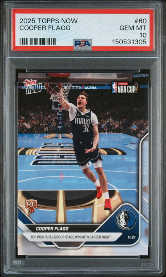 Graded 2025 Topps Now Cooper Flagg #60 Rookie RC Basketball Card PSA 10 Gem Mint