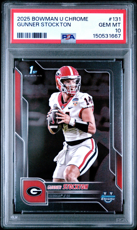 Graded 2025 Topps Bowman University Chrome Gunner Stockton #131 Rookie RC Football Card PSA 10 Gem Mint