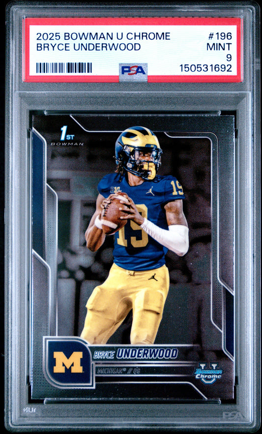 Graded 2025 Topps Bowman University Chrome Bryce Underwood #196 Rookie RC Football Card PSA 9 Mint