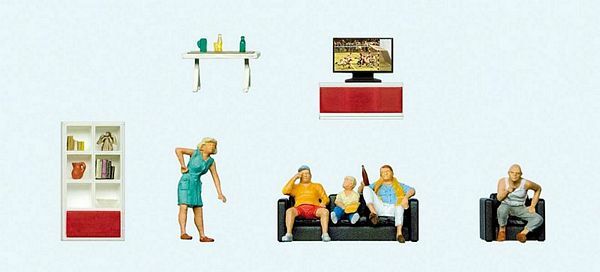 Preiser 10649 HO Scale Family Watching TV -- 5 Figures & Living Room Furniture - Golden Apple Comics
