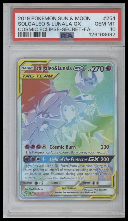 2019 Pokemon S&  Cosmic Eclipse - Secret-Fa Solgaleo & Lunala Gx 10 PSA #254 - Golden Apple Comics