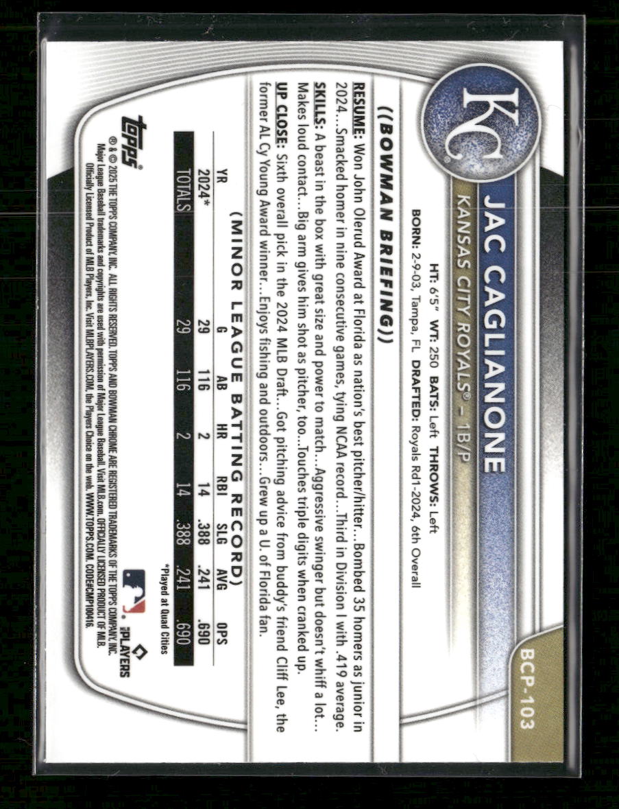 2025 Bowman Chrome Prospects Speckle Refractor Jac Caglianone #/299 #BCP-103 - Golden Apple Comics