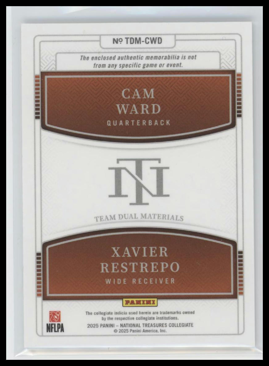 2025 Panini N.T. Dual Materials Blue Cam Ward / Xavier Restrepo #/75 #TDM-CWXR - Golden Apple Comics